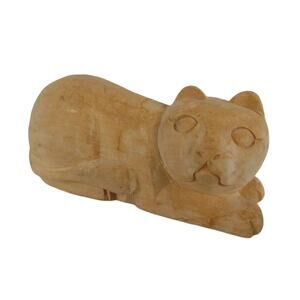 Vintage 90s Laying Cat Carved Wood 4.5" Figurine, Made in Germany Wooden Carving